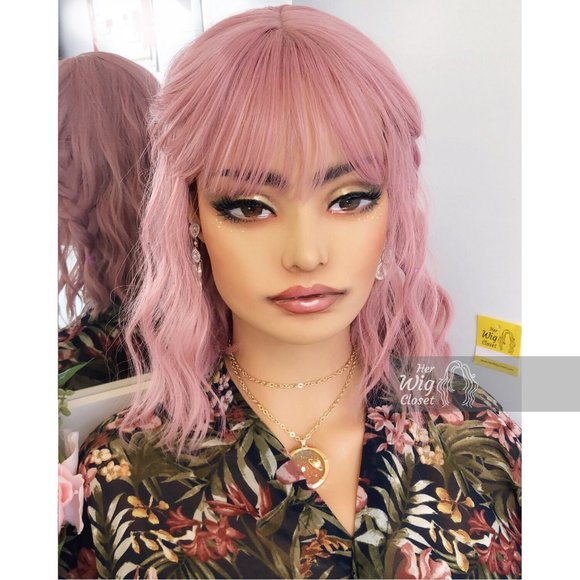 12" Dusty Rose Wavy Bob Wig with Bangs | Katy - Picture 10 of 10